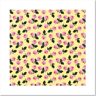 Scattered pink vintage roses on yellow Posters and Art